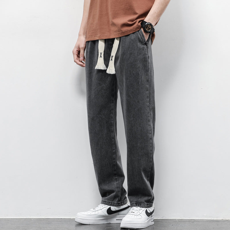 Summer Loose Wide Leg Jeans Pants Men Fashion Drawstring Elasticated Straight Trousers - Home Decor