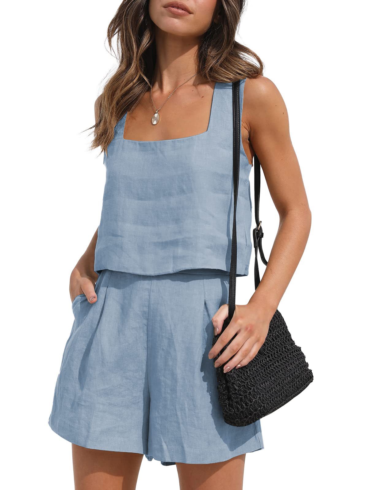 Women's Suit 2 Piece Outfits Square Neck Tops Shorts Sets Lounge Clothes Beach Summer Casual Outfits - Premium Canvas