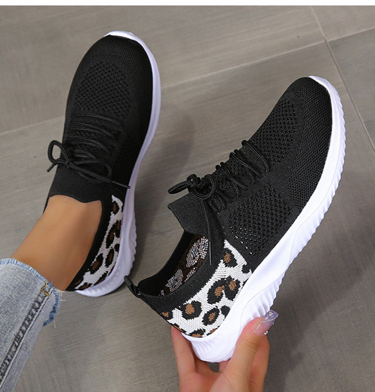 Women's Leopard Print Sneakers | White Lace-Up Sports Shoes - Artistic Decor