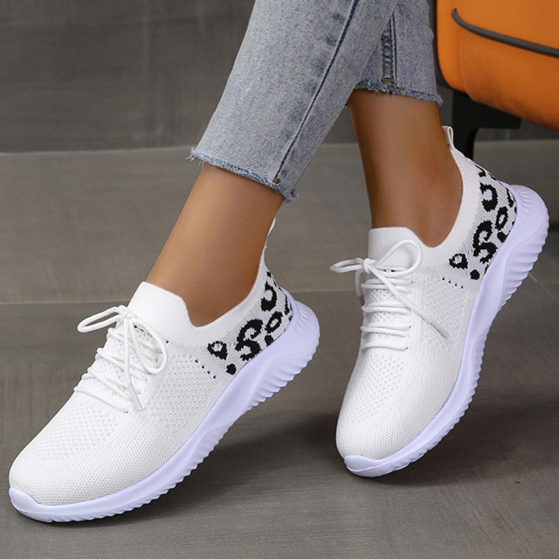 Women's Leopard Print Sneakers | White Lace-Up Sports Shoes - Artistic Decor