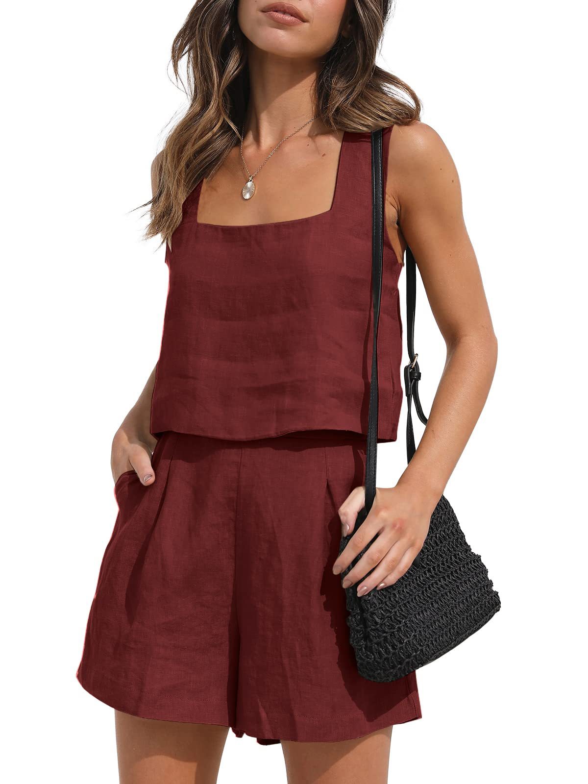 Women's Suit 2 Piece Outfits Square Neck Tops Shorts Sets Lounge Clothes Beach Summer Casual Outfits - Premium Canvas
