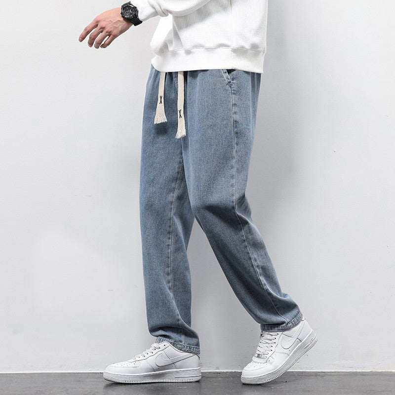 Summer Loose Wide Leg Jeans Pants Men Fashion Drawstring Elasticated Straight Trousers - Home Decor
